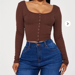 Brown Long Sleeve Button-Up Top